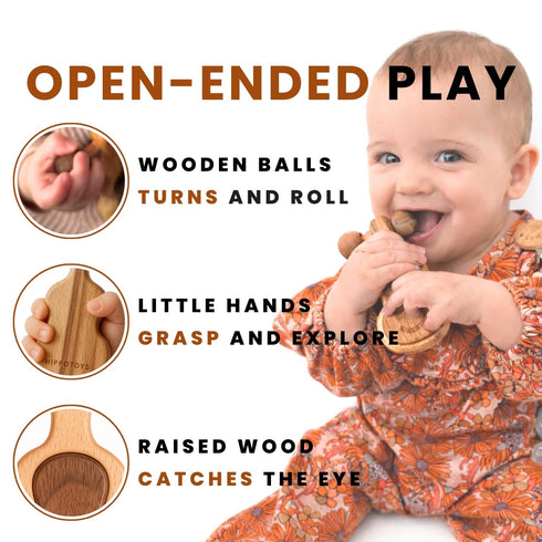 HIPPO TOYS Set 0-12 Natural Wooden Teether & Rattle for Babies Months | Montessori Sensory Toys | Plastic-Free