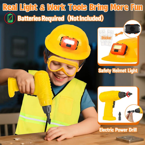 HUUIDY Set, 4+ Construction Worker Costume for Kids, Toddler Dress Up Clothes with Kids Tool Construction Vest & Hat