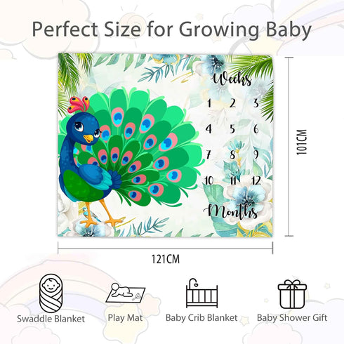 Peacock Baby Monthly Milestone Blanket, 48x40in Soft Flannel, Colorful Feathers, Newborn Mom Gifts, Baby Shower Age