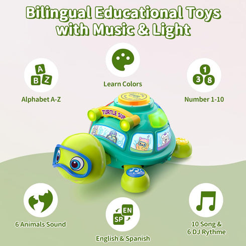 6-12 7 8 9 10 Tummy 4 5 6 12 ToddlerCley Musical Turtle Baby Toys Months, Bilingual Educational Crawling Toys Months
