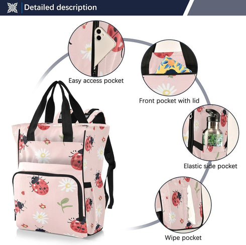 PaChyLuu Backpack Lady Bugs on Pink Diaper Bag Waterproof Travel Baby Bag with Stroller Straps Large Capacity Multi