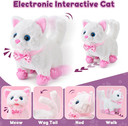 3 4 5 6 7 8 G.C Cat Toys for Kids Girls, Electronic Interactive Stuffed Cat Walk Meow and Wag Tail with Stroller Pet