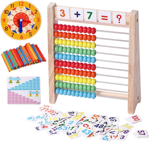 Wooden Abacus for Kids, Math Manipulatives Learning Clock for 5-8 Year Olds, Montessori Educational Math Toys for