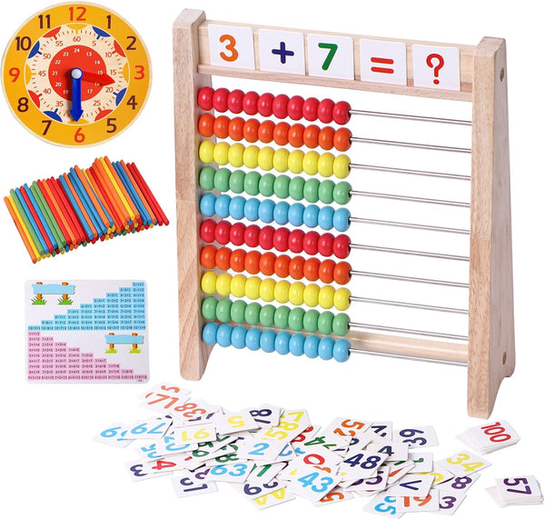 Wooden Abacus for Kids, Math Manipulatives Learning Clock for 5-8 Year Olds, Montessori Educational Math Toys for
