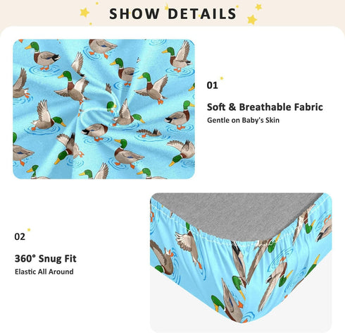 miaozhen 1 Pack 52x28 Cotton Baby Crib Sheets for Boys Girls Comfy Breathable Cute Animal Teal Duck Colorful Playard