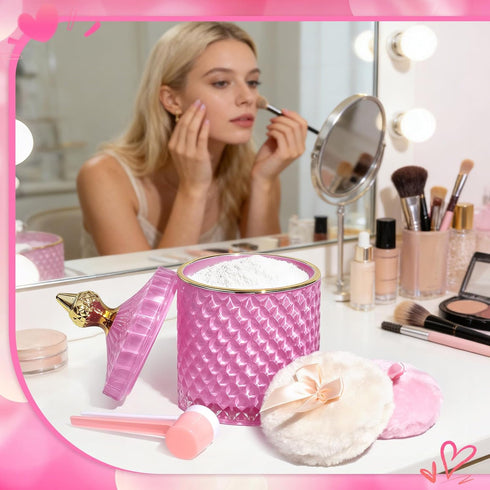 MMRYLEPTY 5 Set, 21oz Pcs Body Powder Puff Pink Glass Powder Container with Lid, Soft Powder Puffs & Spoons, Washable