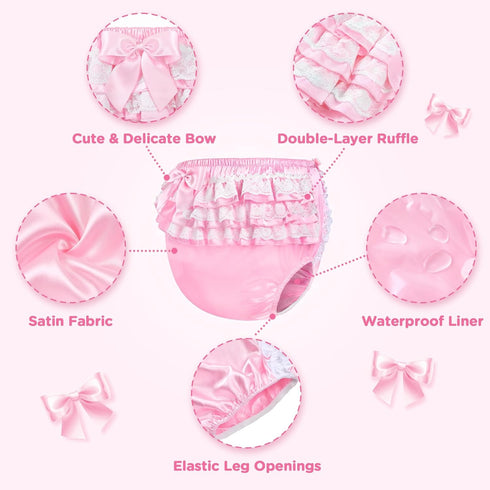 XL Pretty in Pink Satin Adult Diaper Cover - Washable Waterproof Ruffled Lace Bow