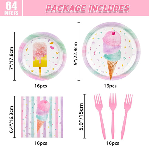 64 Set Summer 16 WERNNSAI Ice Cream Party Decorations - PCS Ice Cream Plates Napkins and Forks Popsicle Party
