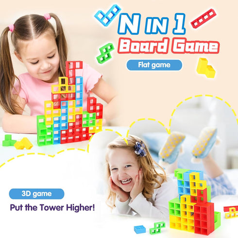 64PCS Stack Attack Game - Tetra Board Tower Games for Adults & Kids, 2 Players Balance Stacking Toy