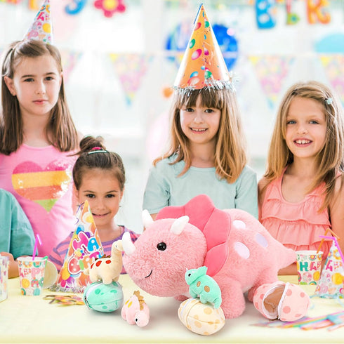 17.6in Mommy 3 Pink Dinosaur Toys for Girls, Dinosaur Stuffed Animal with Baby Dino Plush(Triceratops, Stegosaurus