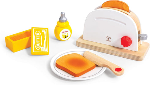 Set Hape White Wooden Pop-Up Toaster Pretend Play Breakfast Accessories for Preschoolers