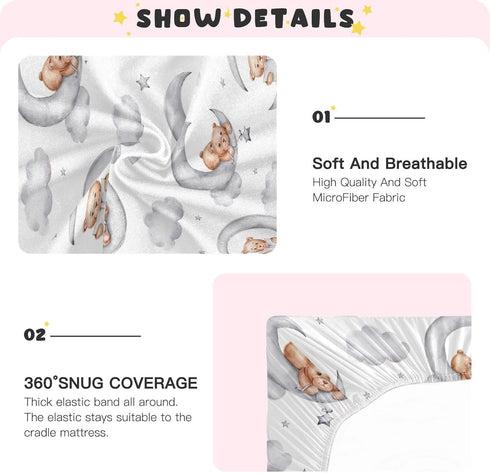 XLIANBIN Teddy Bears Fitted Crib Sheets Watercolor Moon Star Clouds Grey Soft and Breathable Standard Baby Sheet