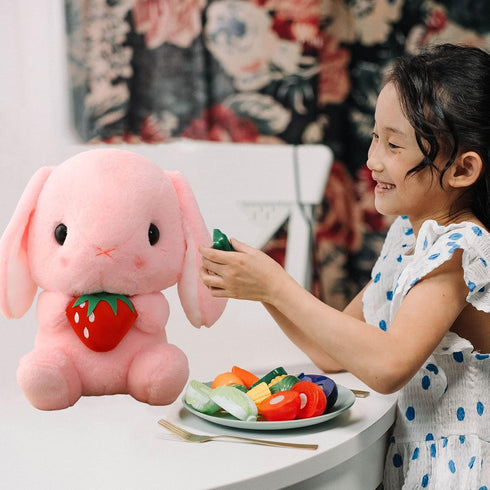 HOUPU Soft Toy - Sitting Lop Eared Rabbit, Pink-Strawberry Stuffed Bunny with Carrot, 8.6in/22cm