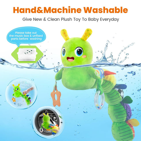 0-12 10 Tummy gogonova Baby Musical Caterpillar Toy Months, Washable Teething Rattle with Kids Songs, Infant Time Toy
