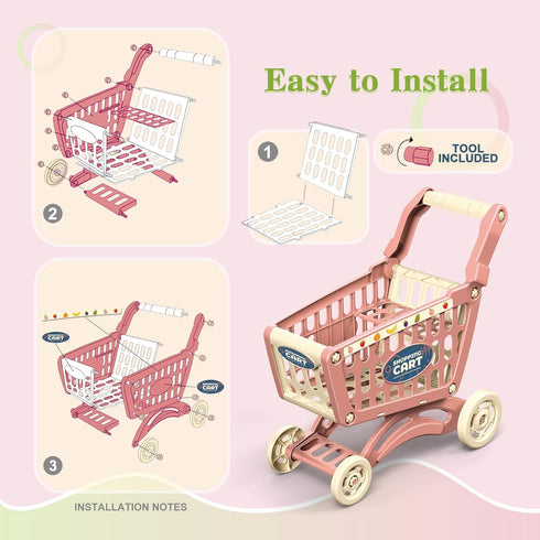 54pcs Playset RedCrab Kids Shopping Cart Toy Supermarket Included Grocery Cart Toy,Credit Card Pretend Fruit Vegetables
