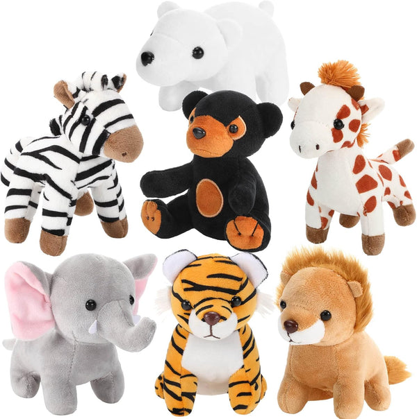 7 Pieces Jungle Stuffed Animal Set: Plush Giraffe, Tiger, Lion, Bear, Elephant, Zebra - 4.72 Inches for Parties & Awards