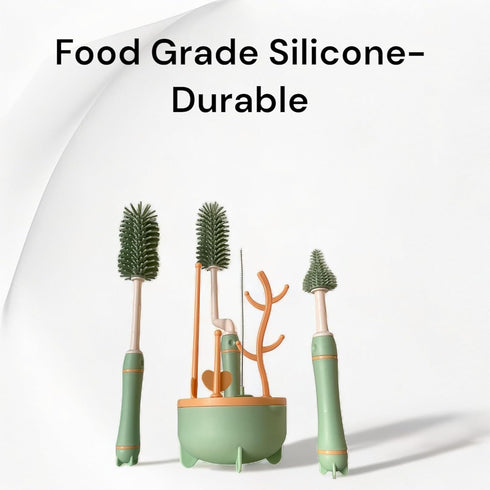 Silicone Baby Bottle Brush Set with Stand, 360° Rotating Cleaning Brush, 4-Piece Multipurpose Silicone Baby Bottle and