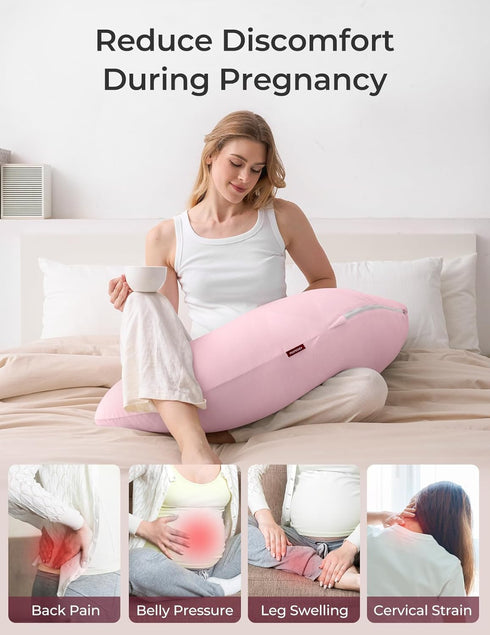 Momcozy Body Pillow for Pregnancy, J Shaped Pregnancy Pillows for Side Sleeping, Soft Maternity Pillow with Jersey