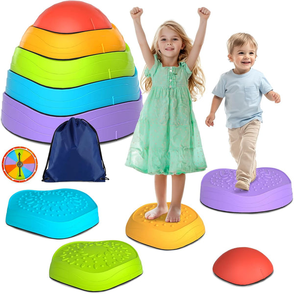 OZMI Balance Stepping Stones for Kids, 5 Pcs Non-Slip Plastic Kit with Storage Bag for Indoor Outdoor Play