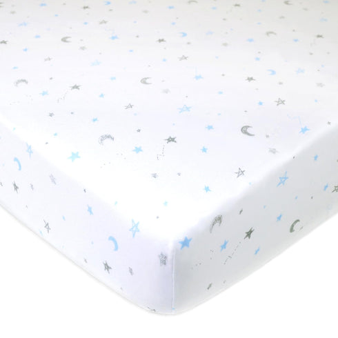 TL Care Fitted Crib Sheet 28" x 52", Soft Breathable 100% Cotton Jersey, Blue Stars and Moon, Fits Crib & Toddler Bed