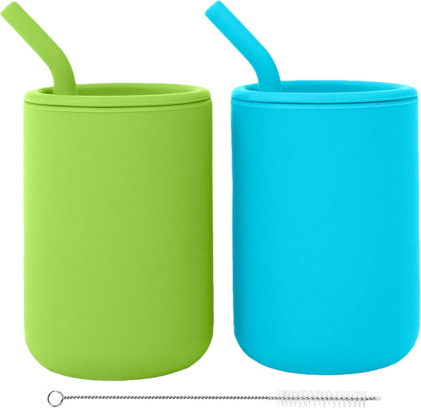 WeeSprout Silicone Baby Cups with Straws and Lids, Set of 2, 4 & 8 oz Food Grade Toddler Training Containers
