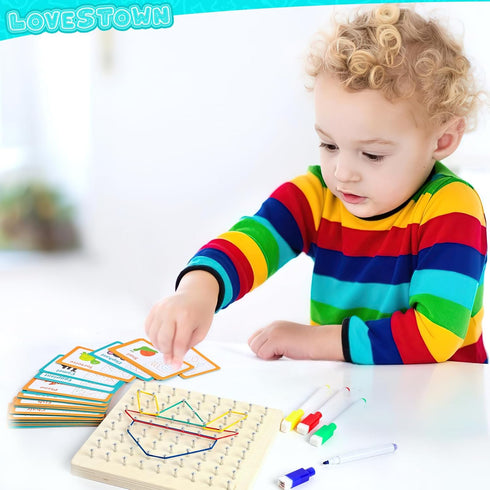 LovesTown Wooden Geoboard, Montessori Educational Toy 9x9 Graphical Geo Board with Rubber Bands for Kids