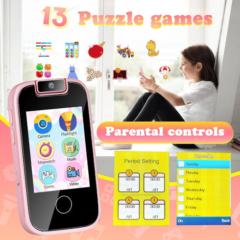 PTHTECHUS Kids Phone Toys - Toddler Touchscreen MP3 Music Player with Dual Camera, Educational Learning Gifts for Ages