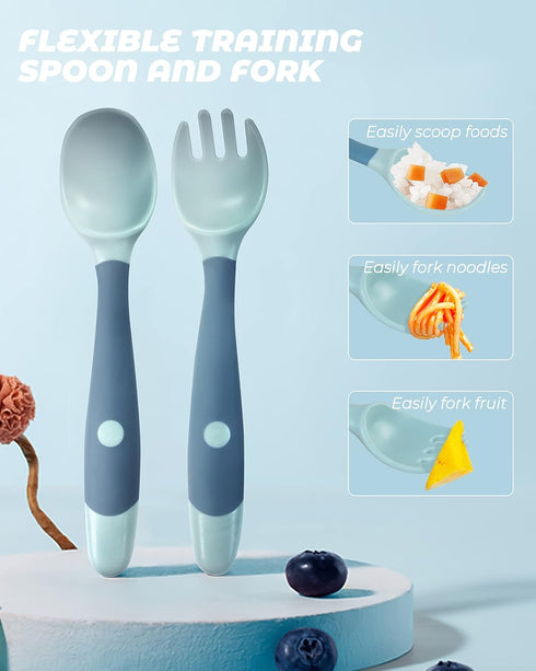 Toddler Utensils Set, 10 Pcs with Bendable Handle, 5 Forks and 5 Spoons, Silicone Baby Feeding Set for Self Feeding