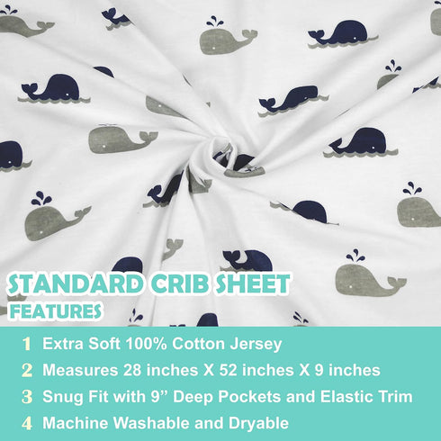 American Baby Company 100% Natural Cotton Fitted Crib Sheet 52" x 28", Navy Whale, Soft, Hypoallergenic Toddler Bed