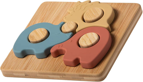 Mary Meyer Baby and Toddler Toys Simply Silicone Sorting Puzzle with Bamboo Base for 12+ Months Old Preschool Gifts, 7 x 6-Inches, Safari Animals