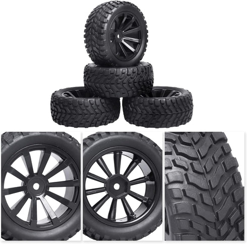 12mm Hex Wheels and Tires with Foam Inserts for 1/10 RC Touring Car, 1/18 Latrax Teton, 1/16 Traxxas Slash, Set of 4