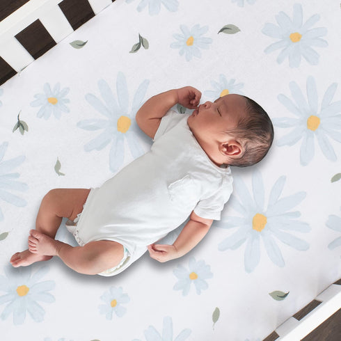 100% Lambs & Ivy Sweet Daisy Cotton White/Blue Floral Baby Fitted Crib Sheet