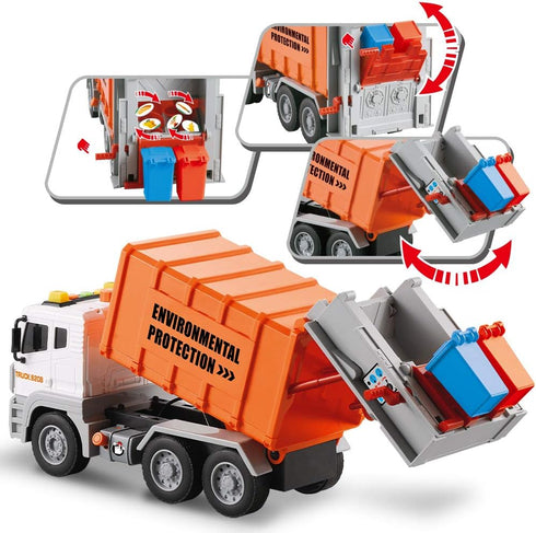 12" 4 Garbage Truck Toys Trash Truck Dump Truck with Garbage Cans, Friction Powered Truck with Sound and Light,Push