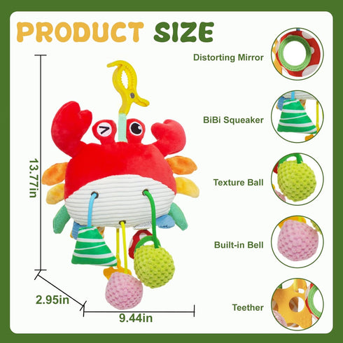 ElapseGlow 18 Tummy Crab Baby Toy - Clip-On Hanging Sensory Toy for Car Seat, Stroller, Gym with Squeaker, Crinkle