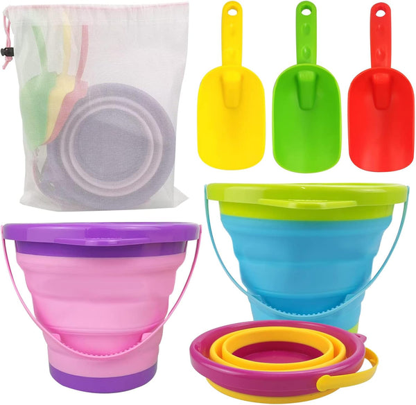POUYRBA Collapsible Beach Bucket and Shovel Set for Kids, 3Pcs Foldable Sand Toys