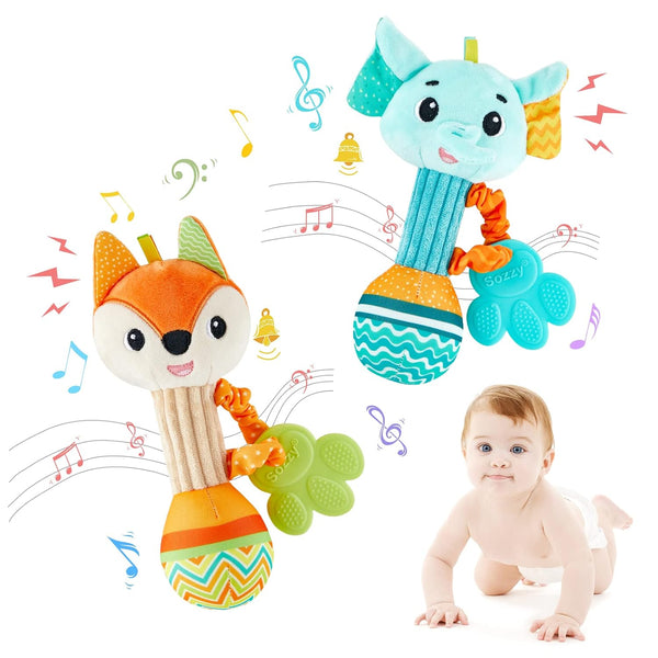 Baby Rattles 0-6 Months, Soft Sensory Shaker Teething Toys for Babies 6-12 Months, 2PCS Plush Animal Toys
