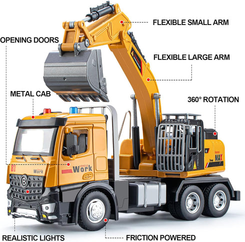 Excavator Toy Metal Cab, Big Digger Toys for Boys with Lights Sounds and Working Movable Parts, Friction Powered