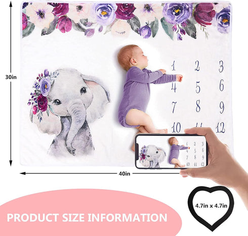 Elephant Newborn Baby Monthly Milestone Blanket, Organic Plush Fleece Photography Background Prop for Boy Girl