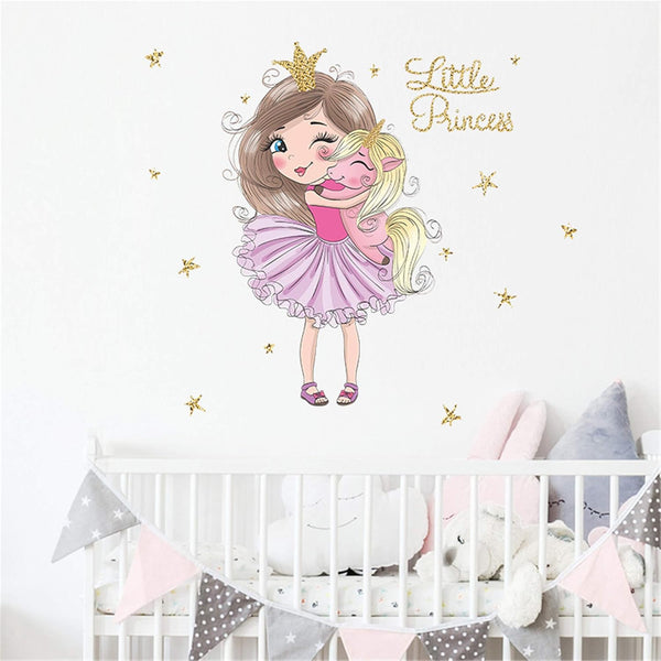 ROFARSO Colorful Cute Little Princess Hugging Baby Unicorn Wall Stickers, Peel and Stick Removable Decals for Nursery