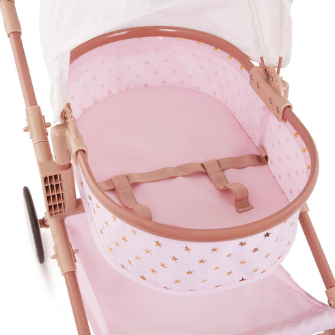 14-Inch 2+ LullaBaby Accessories Pink Toy Stroller with Gold Stars for Twins Foldable Canopy, Swivel Wheels & Storage