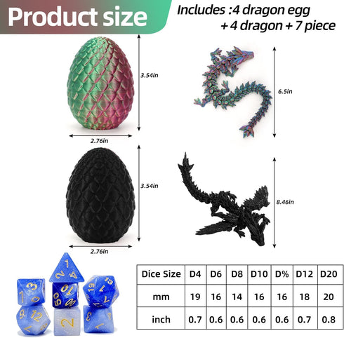 TXB3DOK 4PCS 3D Sets,Surprise Printed Dragon with Wings and Egg DND Dice Mini Mystery Dragon Egg, Cool Flexible Animals