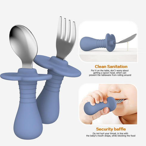 2 Pcs Toddler Utensils Set, Stainless Steel Forks and Spoons for Children, Safe Flatware Metal Kids Cutlery with Round