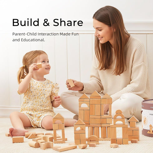 MEEYOO 100pcs 1-3, Natural Beech Wooden Building Blocks for Toddlers Wooden Blocks for Baby Shower with Storage Bucket