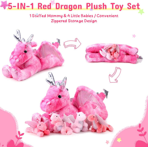Syhood 18 Inch Dragon Plush with Babies, Large Mommy Dragon Stuffed Animal with 4 Small Plushies