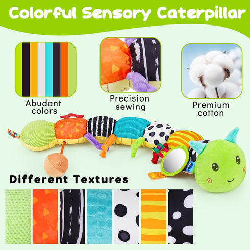 Baby Sensory Toy - Music Animal Stuffed Plush Caterpillar for Infant 0-3 Months, Tummy Time with Crinkle Rattle & Mirror