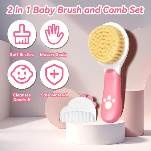 Set, Baby Hair Brush and Comb Soft Bristles Cradle Cap Brush for Newborns, Toddlers, Baby Registry Gift (Rose Red)