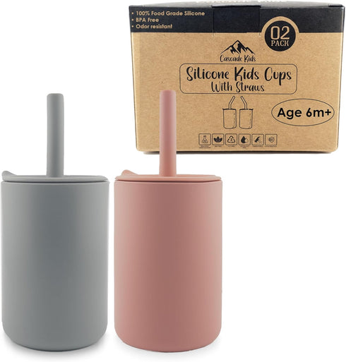 Silicone Kids Cups with Straws - Set of 2, Unbreakable Training Cup for Babies and Toddlers, 6oz, (Rose Pink/Stone Grey)