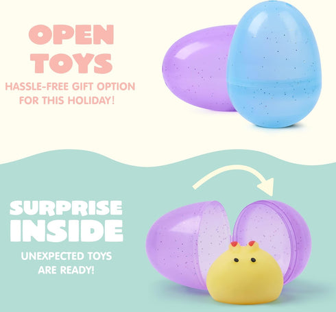 24 JOYIN Pcs Easter Prefilled Eggs with Mochi Squishy Toys, Animal Stress Reliever Squishy Toy for Glitter Transparent