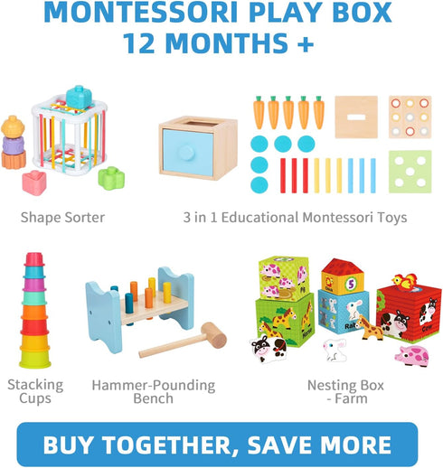 Montessori Toys for 1 Year Old - 7 in 1 Learning Educational Kit with Sensory Bin, Nesting Box, and Stacking Cups