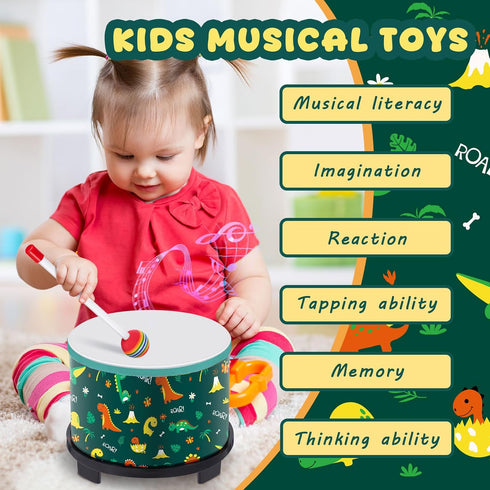 8'' 6.5'' 2 Boao Floor Tom Drum for Kids W x H Wooden Percussion Instrument Music Drum with Rainbow Mallets Dinosaur
